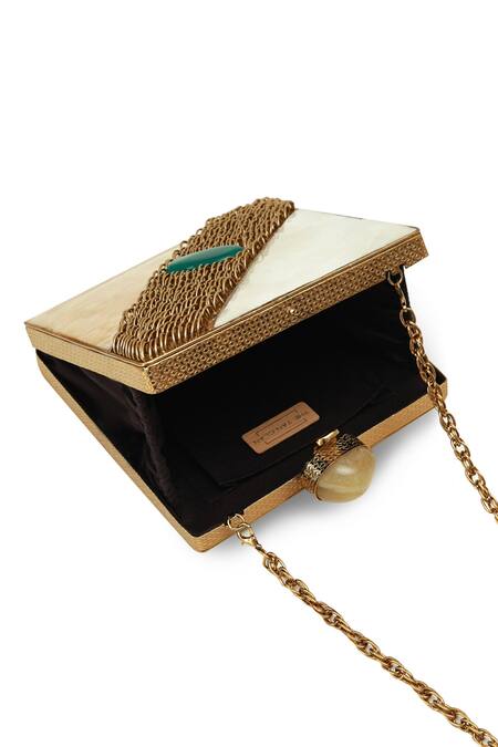 The Tan Clan_Gold Fabric Flowers, Gemstones Designer Mother Of Pearl Brass Clutch _Online_at_Aza_Fashions