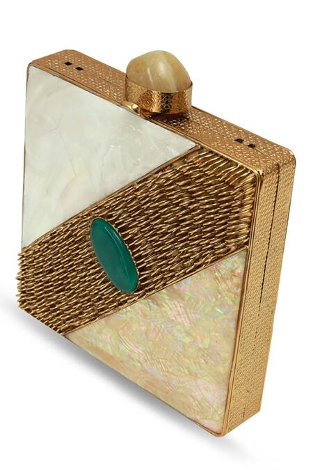 Buy_The Tan Clan_Gold Fabric Flowers, Gemstones Designer Mother Of Pearl Brass Clutch _Online_at_Aza_Fashions