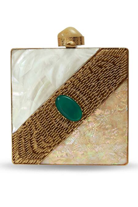 Shop_The Tan Clan_Gold Fabric Flowers, Gemstones Designer Mother Of Pearl Brass Clutch _Online_at_Aza_Fashions