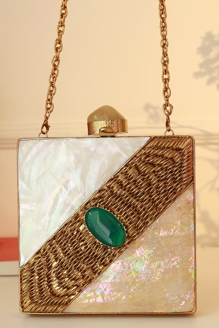 The Tan Clan Gold Fabric Flowers, Gemstones Designer Mother Of Pearl Brass Clutch 