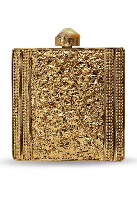 The Tan Clan_Gold Fabric Flowers, Gemstones Designer Mother Of Pearl Brass Clutch _at_Aza_Fashions