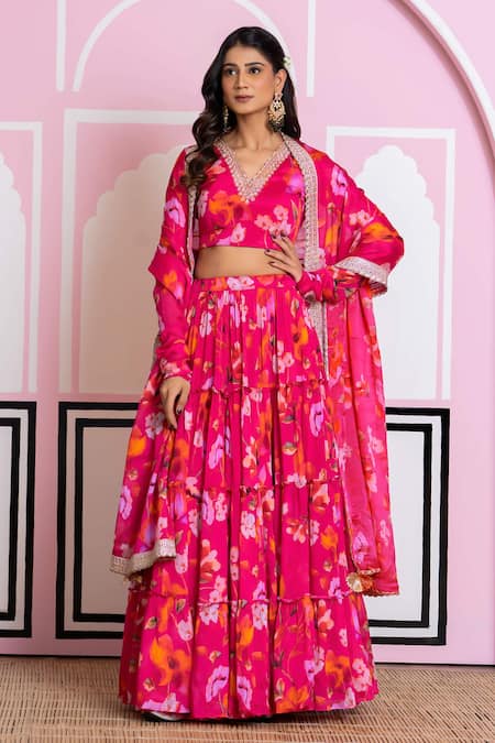 Yuvraani Jaipur Pink Chinon, Cotton Sequins, Embroidery, Beads V-neck Floral Print Lehenga Set 