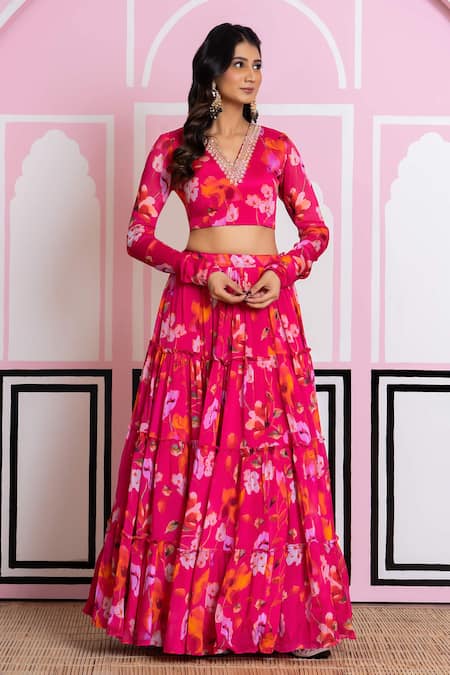 Buy_Yuvraani Jaipur_Pink Chinon, Cotton Sequins, Embroidery, Beads V-neck Floral Print Lehenga Set _Online_at_Aza_Fashions