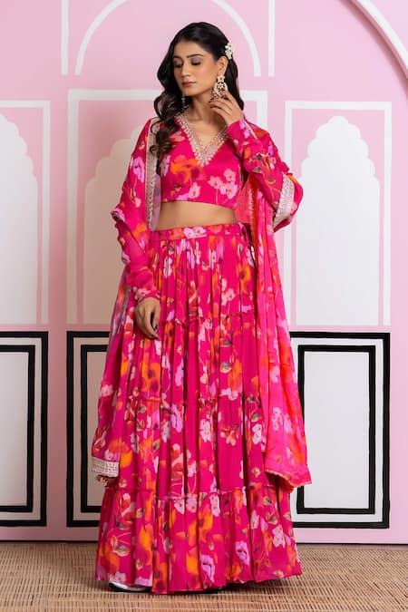 Shop_Yuvraani Jaipur_Pink Chinon, Cotton Sequins, Embroidery, Beads V-neck Floral Print Lehenga Set _Online_at_Aza_Fashions