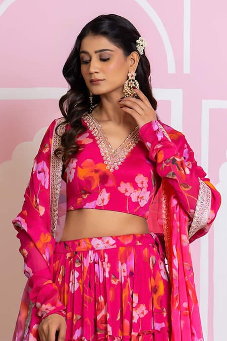 Yuvraani Jaipur Pink Chinon, Cotton Sequins, Embroidery, Beads V-neck Floral Print Lehenga Set at Aza Fashions Yuvraani Jaipur_Pink Chinon, Cotton Sequins, Embroidery, Beads V-neck Floral Print Lehenga Set _at_Aza_Fashions
