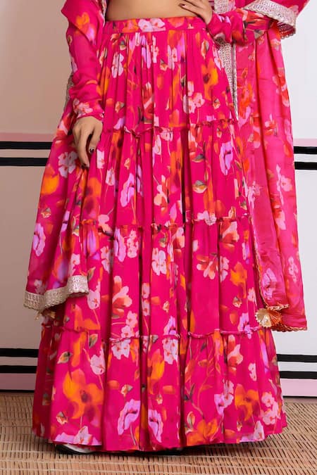 Buy Yuvraani Jaipur Pink Chinon, Cotton Sequins, Embroidery, Beads V-neck Floral Print Lehenga Set Buy_Yuvraani Jaipur_Pink Chinon, Cotton Sequins, Embroidery, Beads V-neck Floral Print Lehenga Set