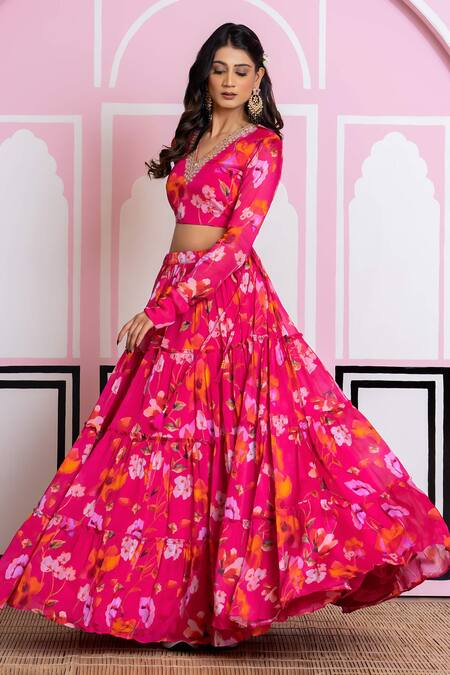 Shop Yuvraani Jaipur Pink Chinon, Cotton Sequins, Embroidery, Beads V-neck Floral Print Lehenga Set Shop_Yuvraani Jaipur_Pink Chinon, Cotton Sequins, Embroidery, Beads V-neck Floral Print Lehenga Set