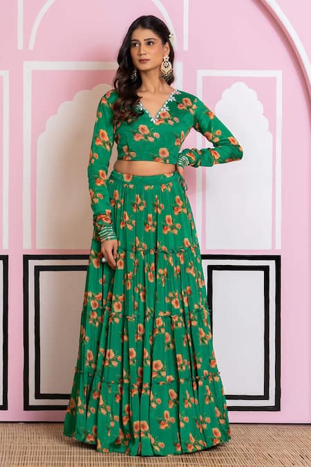 Buy_Yuvraani Jaipur_Green Chinon, Cotton, Chiffon Embroidery V-neck Floral Print Lehenga Set _Online_at_Aza_Fashions