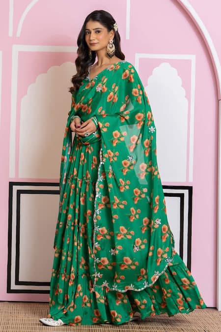 Shop_Yuvraani Jaipur_Green Chinon, Cotton, Chiffon Embroidery V-neck Floral Print Lehenga Set _Online_at_Aza_Fashions
