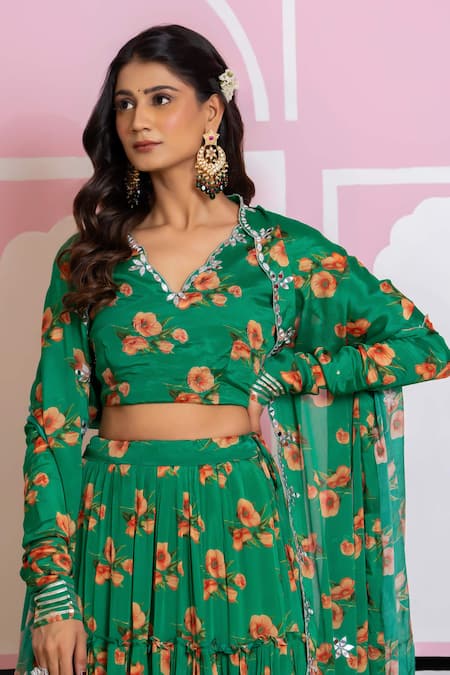 Yuvraani Jaipur_Green Chinon, Cotton, Chiffon Embroidery V-neck Floral Print Lehenga Set _at_Aza_Fashions