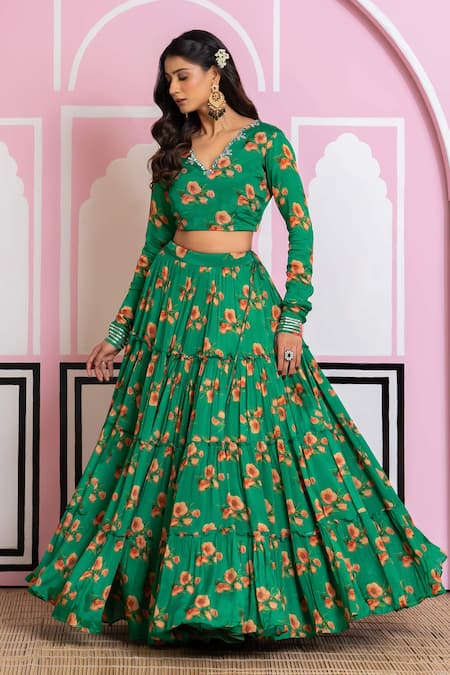 Buy_Yuvraani Jaipur_Green Chinon, Cotton, Chiffon Embroidery V-neck Floral Print Lehenga Set 