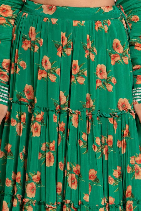Shop_Yuvraani Jaipur_Green Chinon, Cotton, Chiffon Embroidery V-neck Floral Print Lehenga Set 