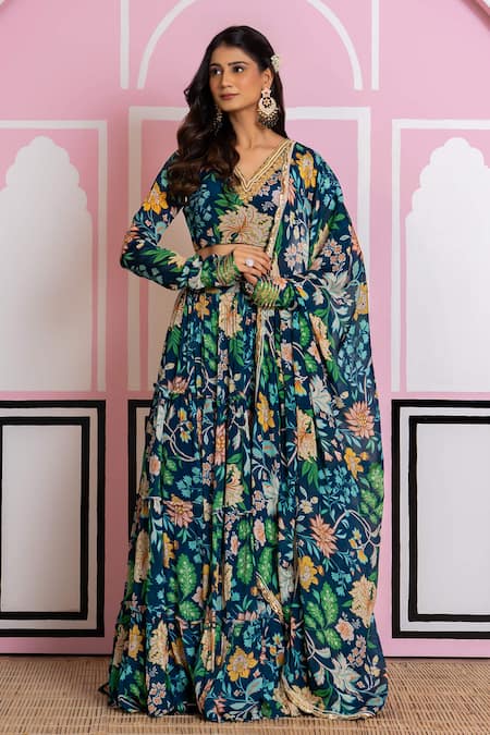 Yuvraani Jaipur Blue Chinon, Cotton, Chiffon Embroidery V-neck Floral Print Lehenga Set 