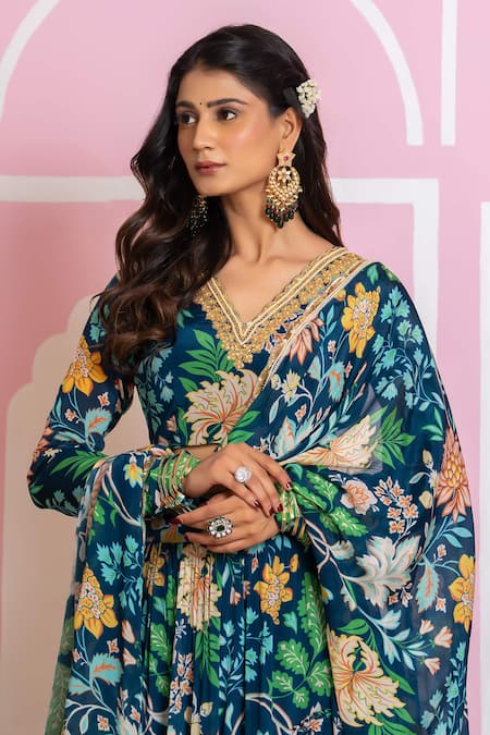 Shop_Yuvraani Jaipur_Blue Chinon, Cotton, Chiffon Embroidery V-neck Floral Print Lehenga Set _Online_at_Aza_Fashions