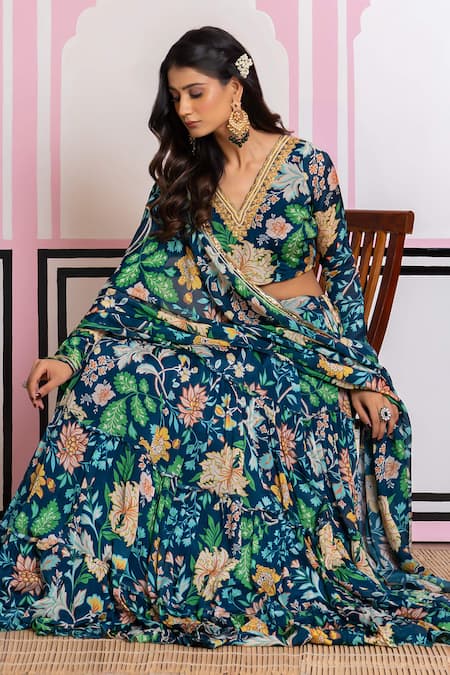 Yuvraani Jaipur_Blue Chinon, Cotton, Chiffon Embroidery V-neck Floral Print Lehenga Set _at_Aza_Fashions