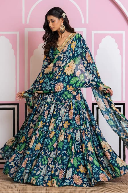 Buy_Yuvraani Jaipur_Blue Chinon, Cotton, Chiffon Embroidery V-neck Floral Print Lehenga Set 