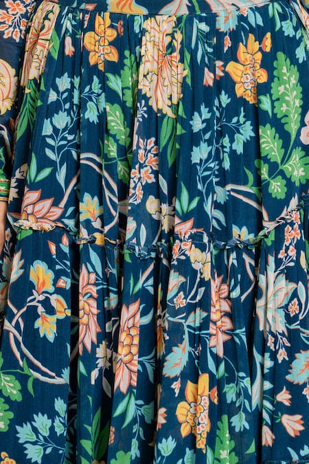 Shop_Yuvraani Jaipur_Blue Chinon, Cotton, Chiffon Embroidery V-neck Floral Print Lehenga Set 