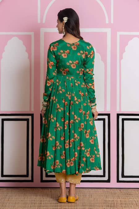 Yuvraani Jaipur_Green Chinon, Cotton, Chiffon, Cambric Embroidery Floral Print Anarkali Set _Online_at_Aza_Fashions