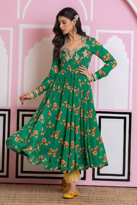 Buy_Yuvraani Jaipur_Green Chinon, Cotton, Chiffon, Cambric Embroidery Floral Print Anarkali Set _Online_at_Aza_Fashions