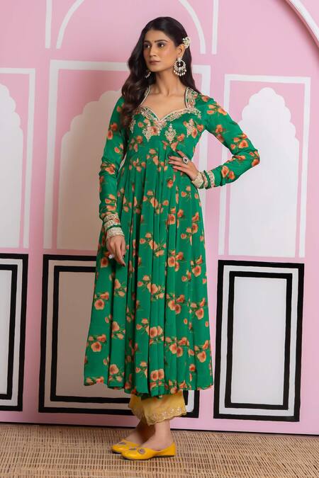 Shop_Yuvraani Jaipur_Green Chinon, Cotton, Chiffon, Cambric Embroidery Floral Print Anarkali Set _Online_at_Aza_Fashions