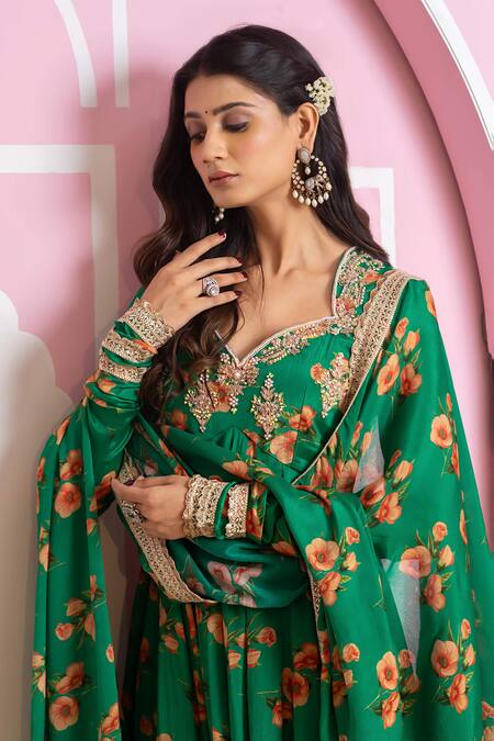 Yuvraani Jaipur_Green Chinon, Cotton, Chiffon, Cambric Embroidery Floral Print Anarkali Set _at_Aza_Fashions