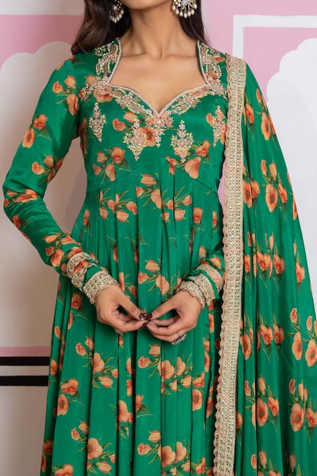 Buy_Yuvraani Jaipur_Green Chinon, Cotton, Chiffon, Cambric Embroidery Floral Print Anarkali Set 