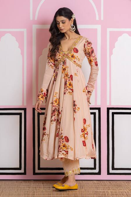Buy_Yuvraani Jaipur_Beige Chinon, Cotton, Chiffon, Cambric Sequins, Embroidery Floral Anarkali Set _Online_at_Aza_Fashions
