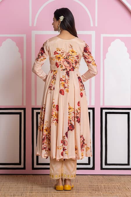 Yuvraani Jaipur_Beige Chinon, Cotton, Chiffon, Cambric Sequins, Embroidery Floral Anarkali Set _Online_at_Aza_Fashions