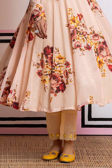 Shop Yuvraani Jaipur Beige Chinon, Cotton, Chiffon, Cambric Sequins, Embroidery Floral Anarkali Set Online at Aza Fashions Shop_Yuvraani Jaipur_Beige Chinon, Cotton, Chiffon, Cambric Sequins, Embroidery Floral Anarkali Set _Online_at_Aza_Fashions