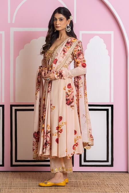 Yuvraani Jaipur_Beige Chinon, Cotton, Chiffon, Cambric Sequins, Embroidery Floral Anarkali Set _at_Aza_Fashions