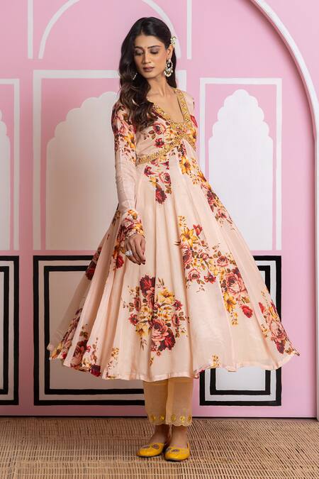 Buy_Yuvraani Jaipur_Beige Chinon, Cotton, Chiffon, Cambric Sequins, Embroidery Floral Anarkali Set 
