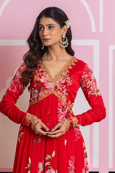 Buy_Yuvraani Jaipur_Red Chinon, Cotton, Chiffon, Cambric Embroidery V-neck Floral Print Anarkali Set _Online_at_Aza_Fashions