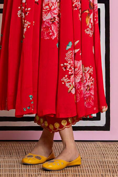 Shop_Yuvraani Jaipur_Red Chinon, Cotton, Chiffon, Cambric Embroidery V-neck Floral Print Anarkali Set _Online_at_Aza_Fashions