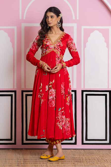 Yuvraani Jaipur_Red Chinon, Cotton, Chiffon, Cambric Embroidery V-neck Floral Print Anarkali Set _at_Aza_Fashions