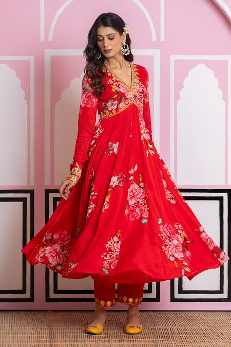 Buy_Yuvraani Jaipur_Red Chinon, Cotton, Chiffon, Cambric Embroidery V-neck Floral Print Anarkali Set 