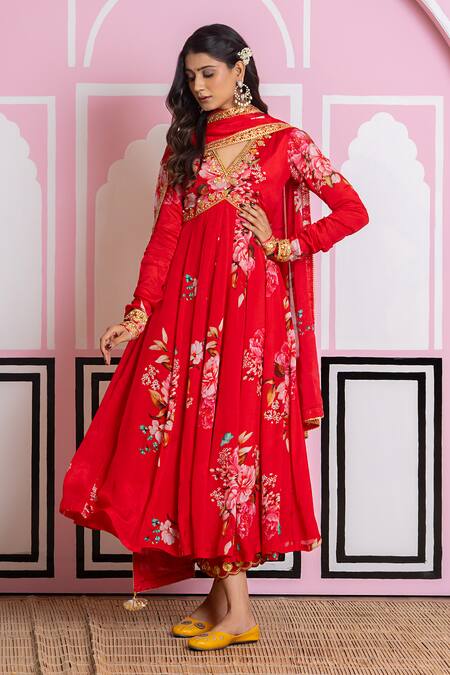 Shop_Yuvraani Jaipur_Red Chinon, Cotton, Chiffon, Cambric Embroidery V-neck Floral Print Anarkali Set 