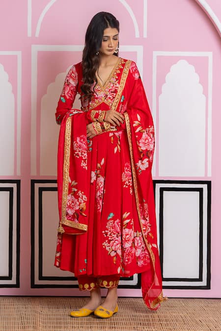Yuvraani Jaipur Red Chinon, Cotton, Chiffon, Cambric Embroidery V-neck Floral Print Anarkali Set 