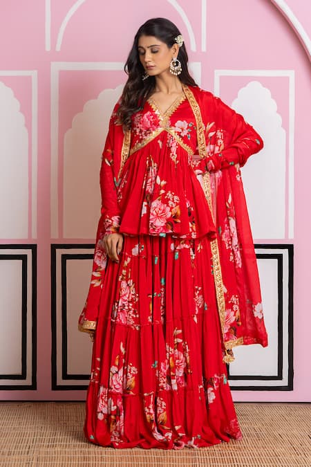 Yuvraani Jaipur Red Chinon, Cotton, Chiffon Embroidery V-neck Floral Peplum Kurta Lehenga Set 