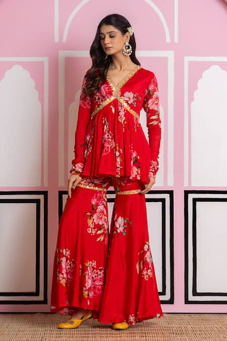 Yuvraani Jaipur_Red Chinon, Cotton, Chiffon Embroidery, Zari V-neck Floral Sharara Set _Online_at_Aza_Fashions