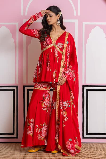 Yuvraani Jaipur Red Chinon, Cotton, Chiffon Embroidery, Zari V-neck Floral Sharara Set 