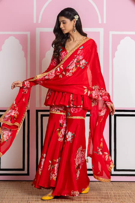 Buy_Yuvraani Jaipur_Red Chinon, Cotton, Chiffon Embroidery, Zari V-neck Floral Sharara Set _Online_at_Aza_Fashions