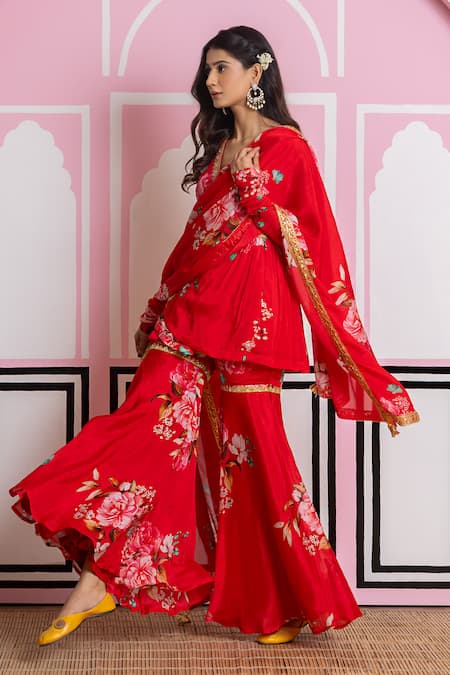 Shop_Yuvraani Jaipur_Red Chinon, Cotton, Chiffon Embroidery, Zari V-neck Floral Sharara Set _Online_at_Aza_Fashions