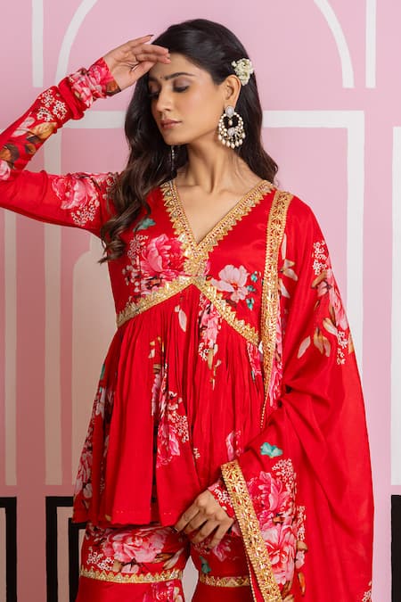 Yuvraani Jaipur_Red Chinon, Cotton, Chiffon Embroidery, Zari V-neck Floral Sharara Set _at_Aza_Fashions