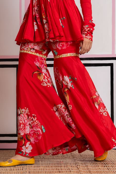 Buy_Yuvraani Jaipur_Red Chinon, Cotton, Chiffon Embroidery, Zari V-neck Floral Sharara Set 