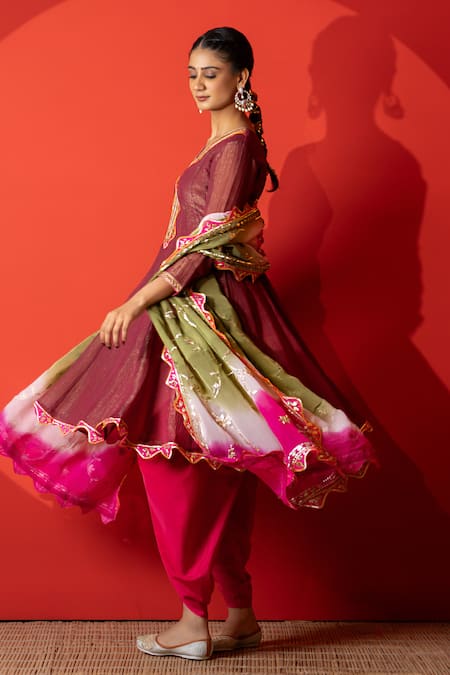 Buy_Yuvraani Jaipur_Maroon Crepe, Silk, Organza Sequins, Embroidery Designer Kurta Set With Dupatta _Online_at_Aza_Fashions