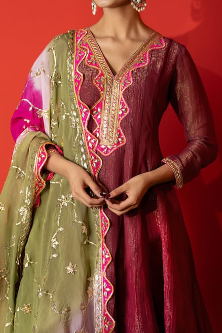 Shop_Yuvraani Jaipur_Maroon Crepe, Silk, Organza Sequins, Embroidery Designer Kurta Set With Dupatta _Online_at_Aza_Fashions