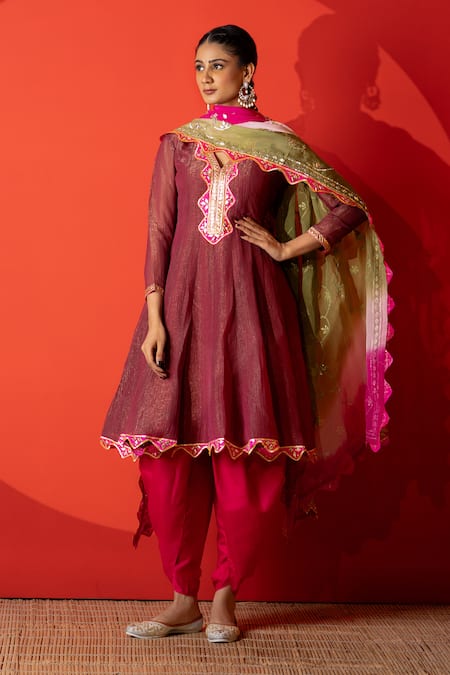 Yuvraani Jaipur_Maroon Crepe, Silk, Organza Sequins, Embroidery Designer Kurta Set With Dupatta _at_Aza_Fashions