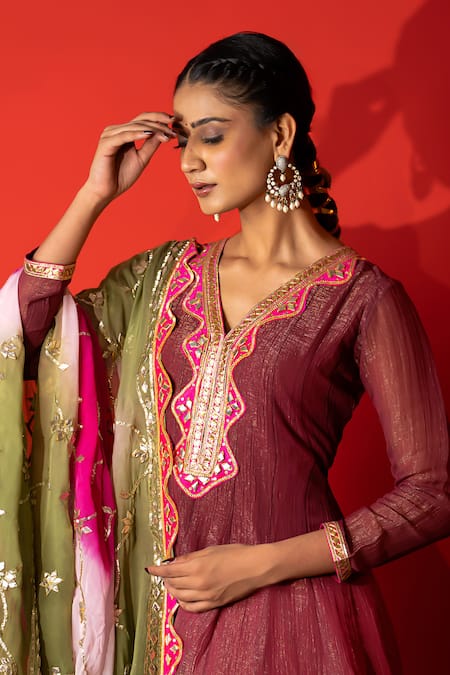 Buy_Yuvraani Jaipur_Maroon Crepe, Silk, Organza Sequins, Embroidery Designer Kurta Set With Dupatta 