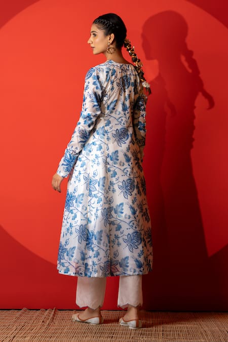 Yuvraani Jaipur Ivory & Blue Chanderi Kurta Set 