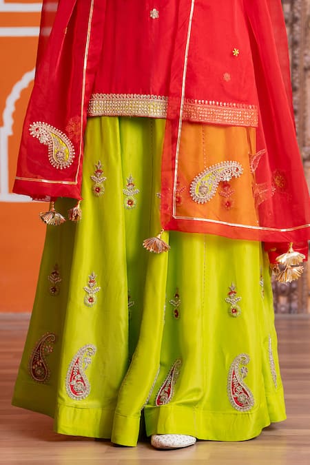 Shop_Yuvraani Jaipur_Red Silk, Organza Sequins, Embroidery Round Neck Lehenga Kurta Set _Online_at_Aza_Fashions
